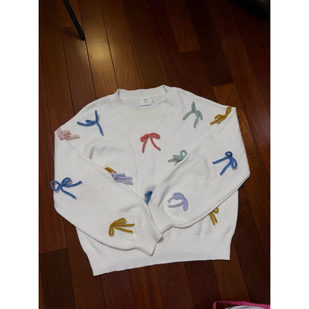 Ivory Multicolor Bow Sweater Women's Medium Coquette Crewneck Pullover